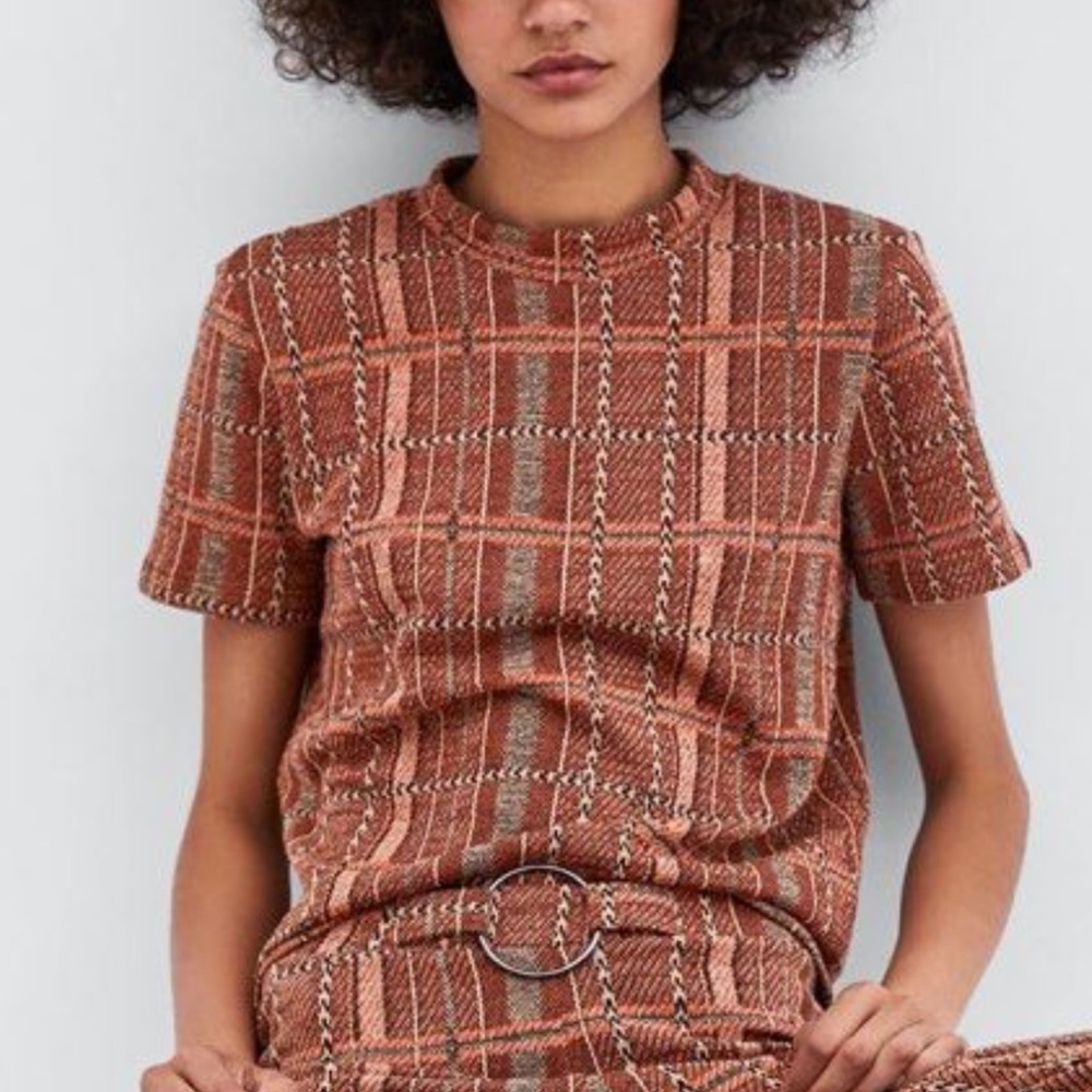 Zara Madras Top Women Size small Burnt Orange Black & Beige